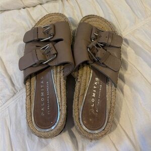 Palomitas by Paloma Barceló Taupe Leather Espadrille Slide Sandals | Size 38